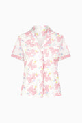 Light pink bow print short-sleeve polo pajama top with button-front