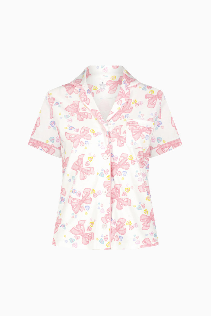 Light pink bow print short-sleeve polo pajama top with button-front - Customized