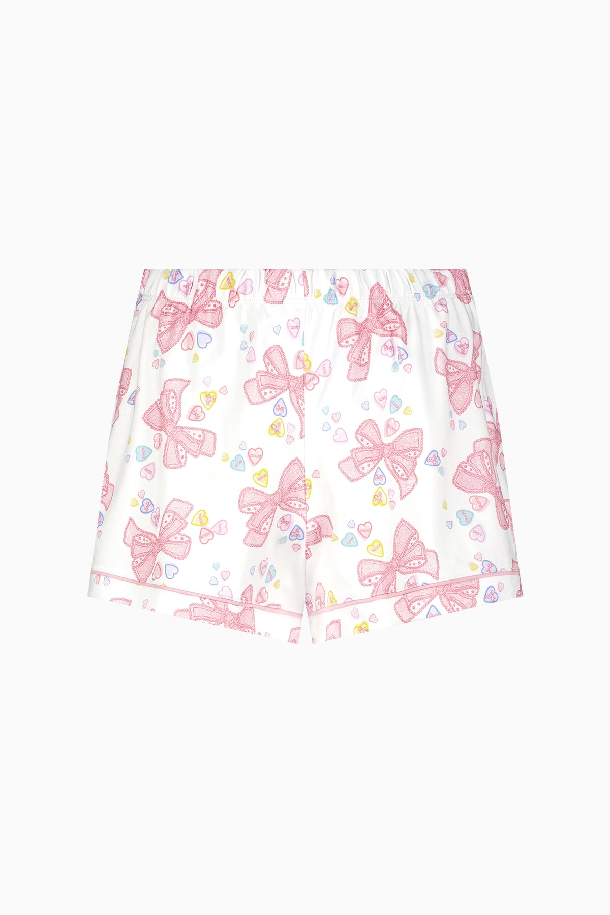 Light pink bow print pajama shorts with elastic waistband