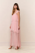 Pink silk chiffon maxi dress with square neckline, lace tiered details, and long skirt