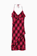 Red tartan plaid chiffon midi dress with ruffle cascade and V neckline