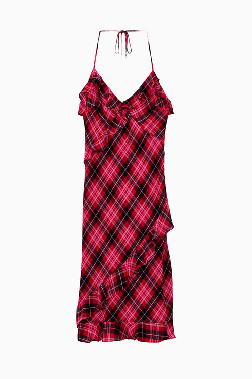 Red tartan plaid chiffon midi dress with ruffle cascade and V neckline