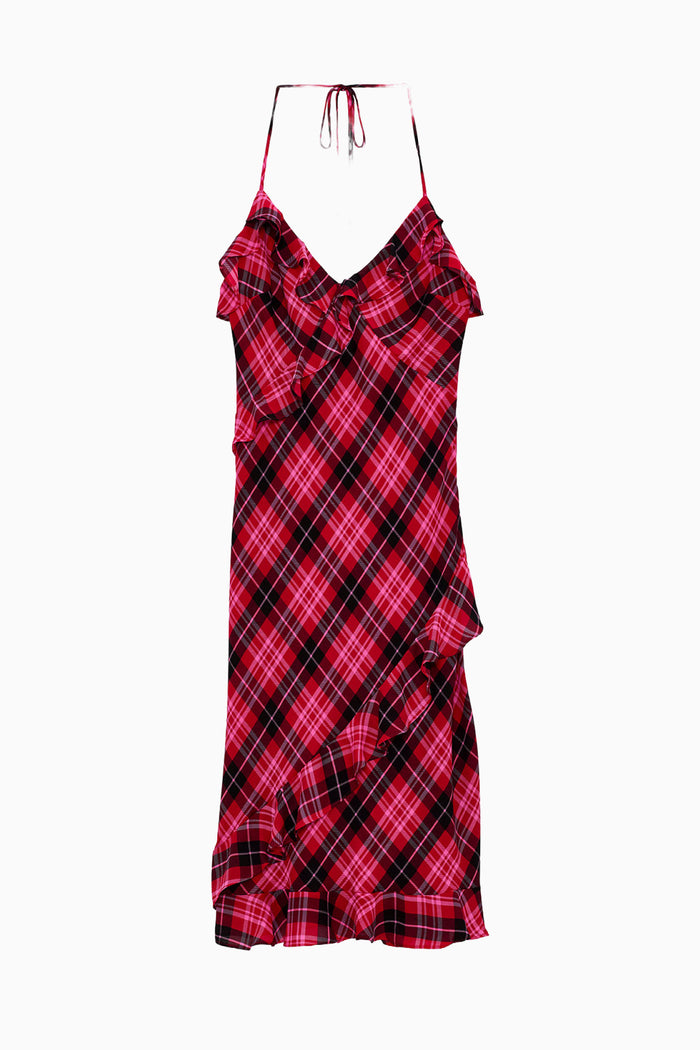Red tartan plaid chiffon midi dress with ruffle cascade and V neckline