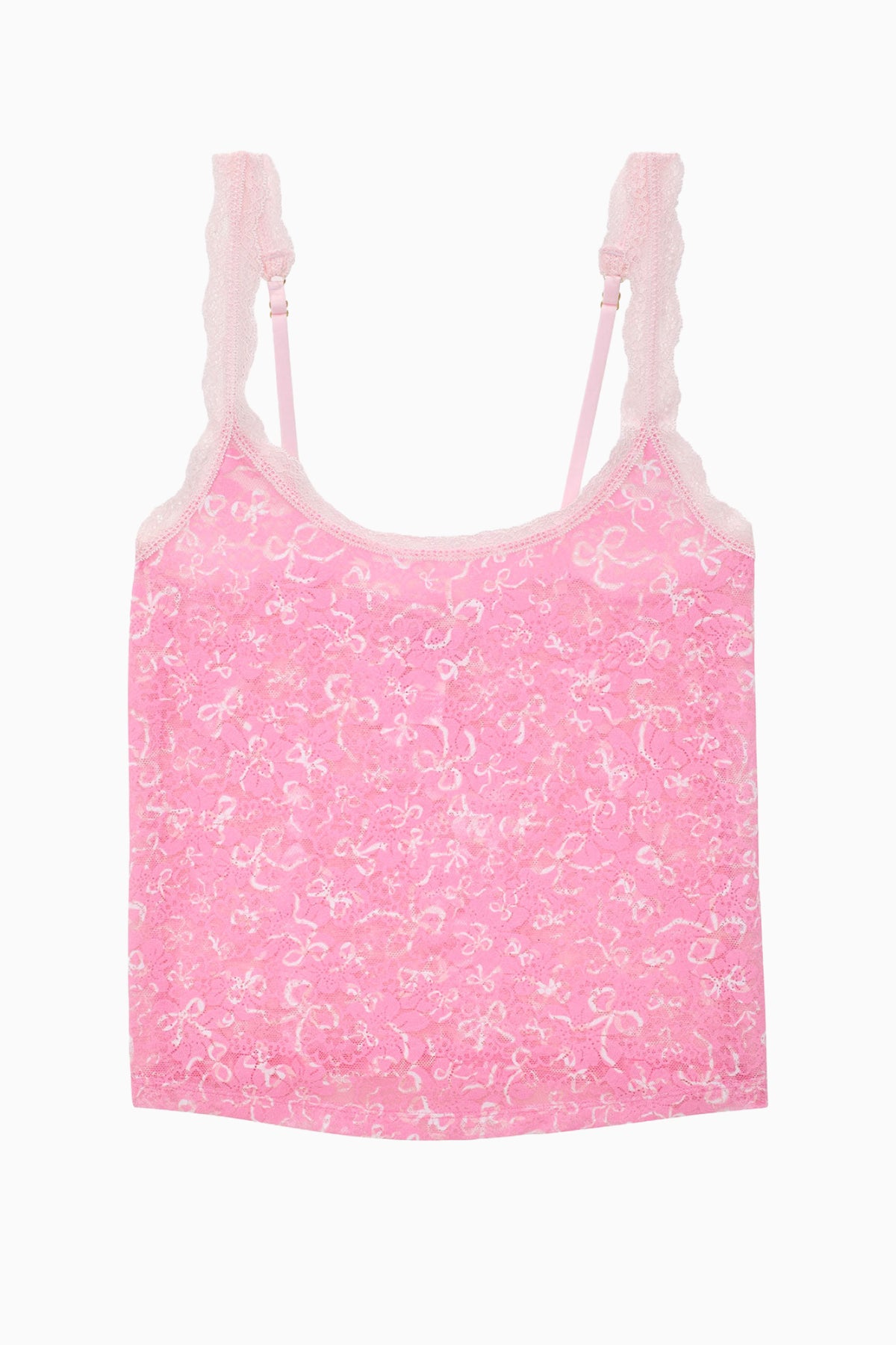 Pink printed lace tank top with thin straps and scoop neckline