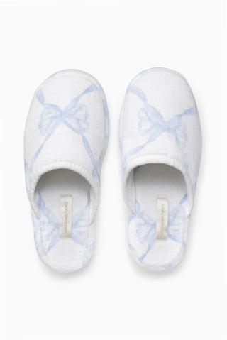 Bow print slippers, white with light blue bows, slip-on open back