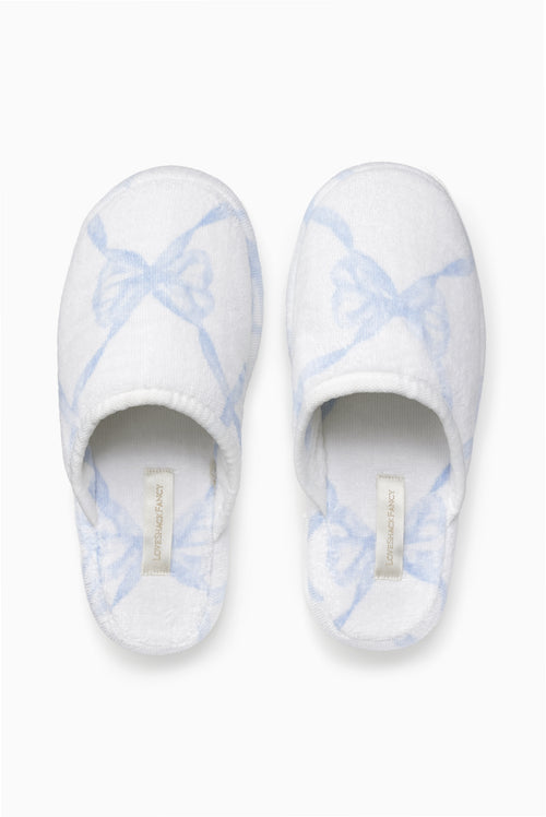 Bow print slippers, white with light blue bows, slip-on open back