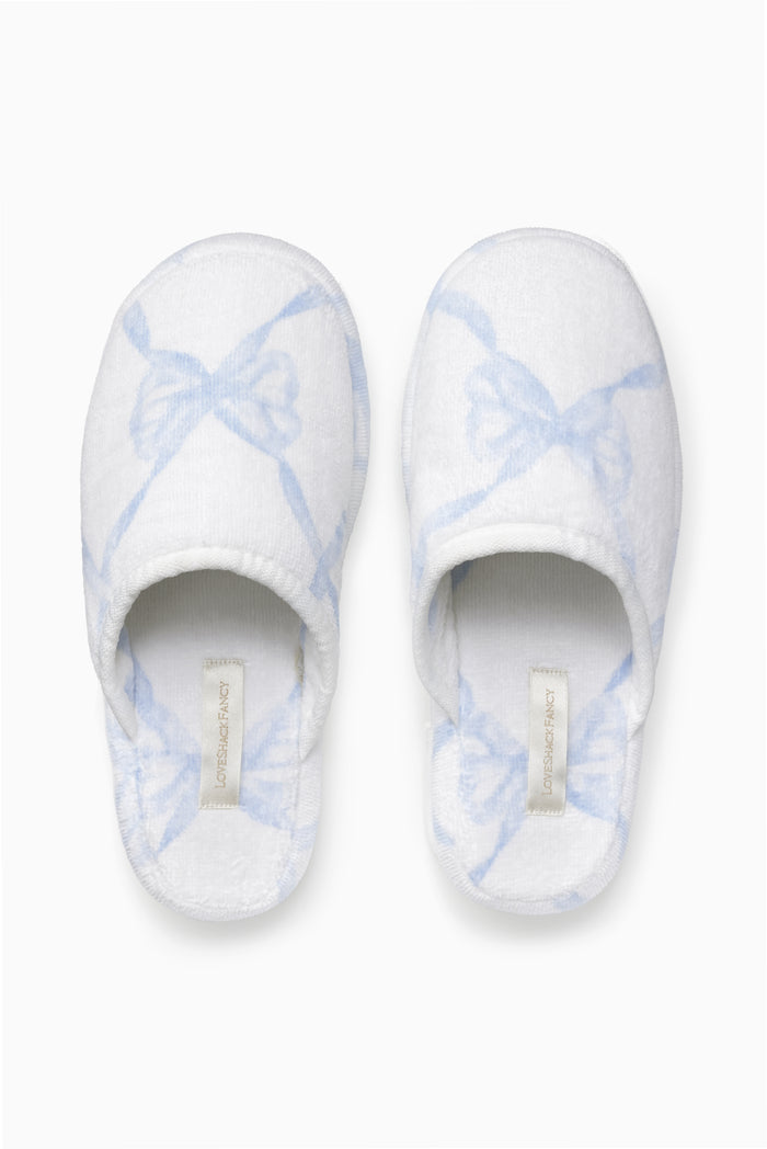 Bow print slippers, white with light blue bows, slip-on open back
