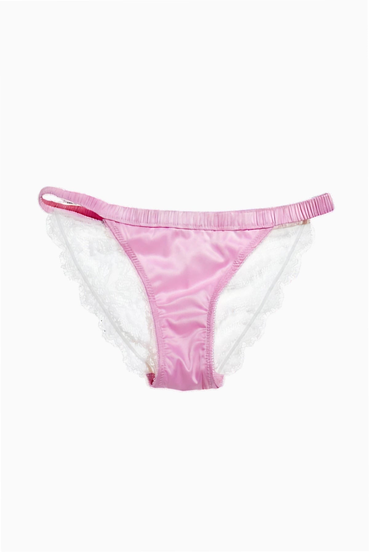 Pink satin-look lace panty with lace back panels and elastic waistband