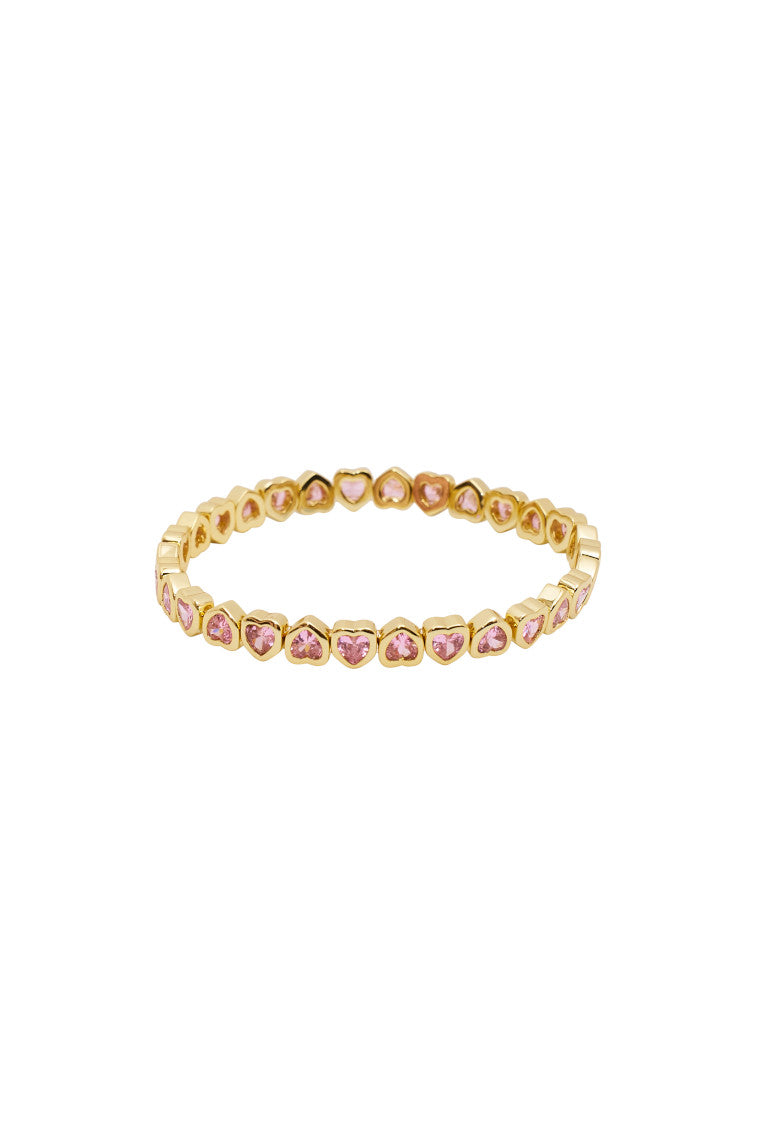 Gold tone heart stretch bracelet with pink and purple mini hearts