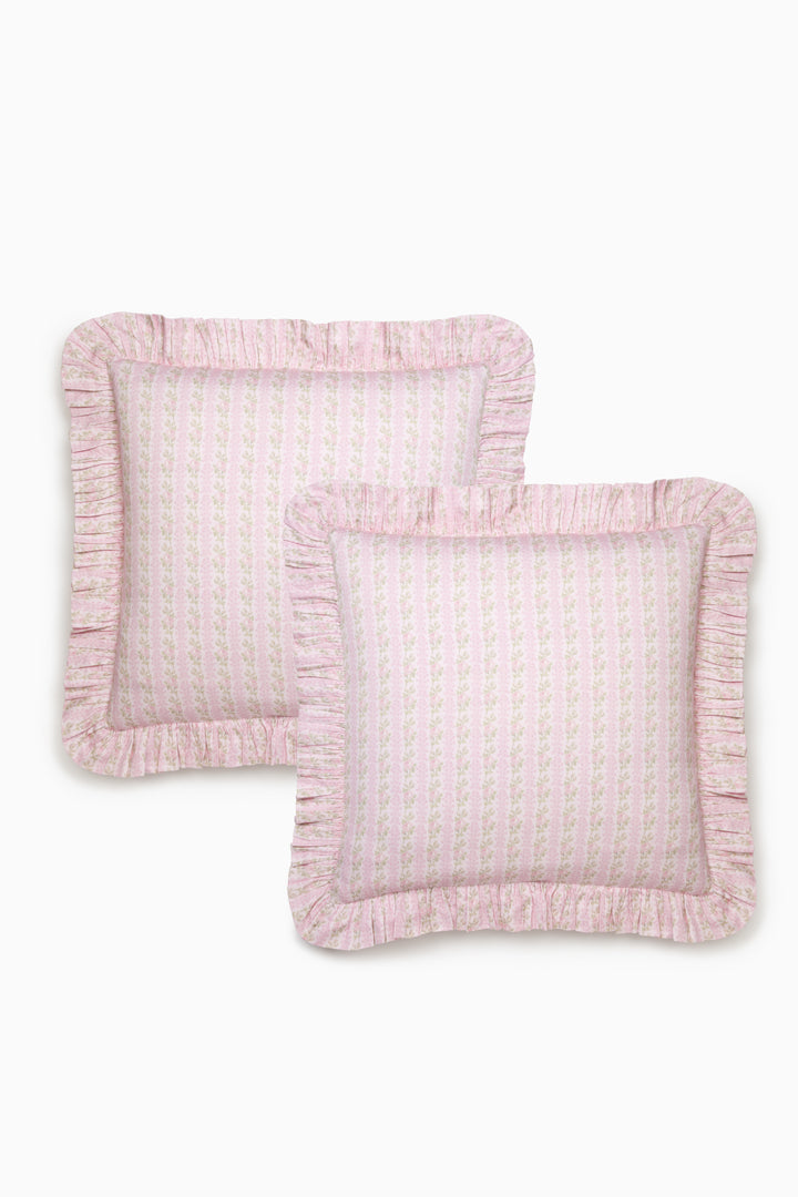Set of 2 pink striped euro shams with ruffled edges, square front