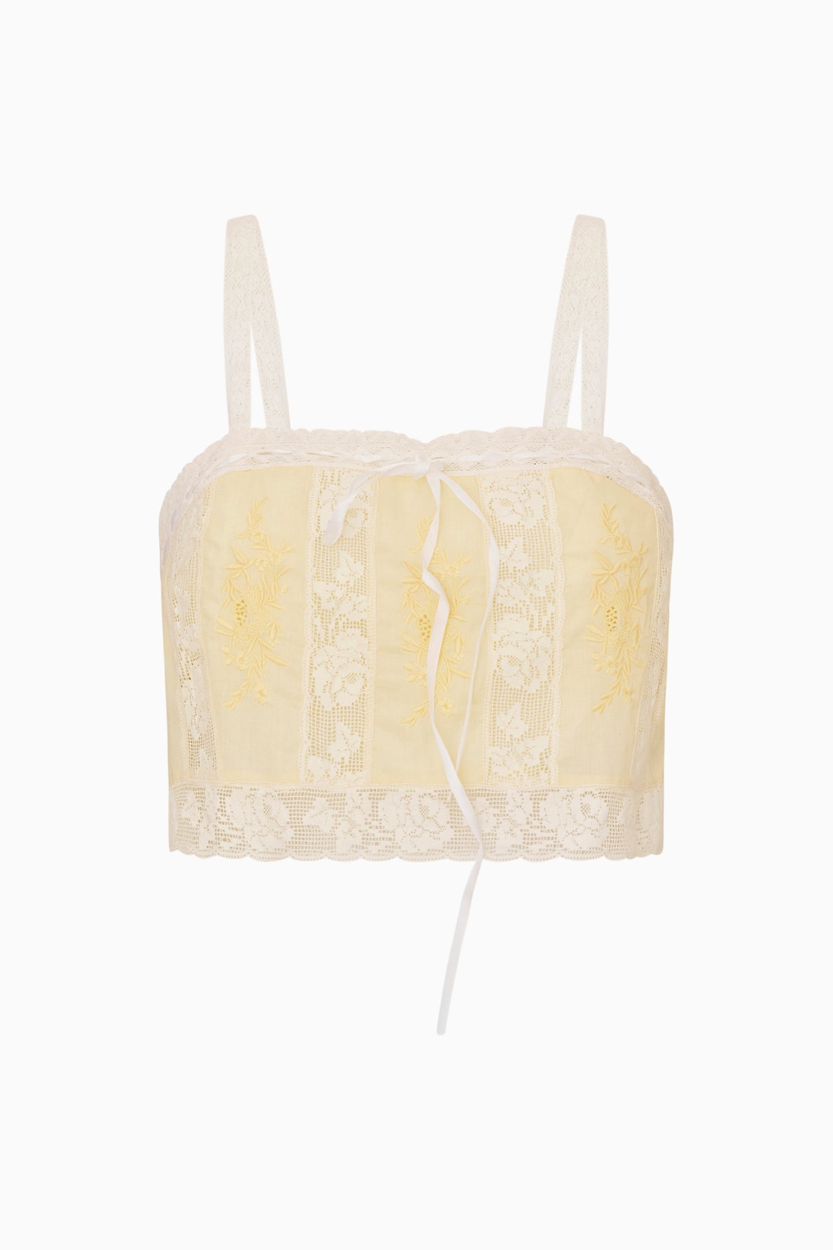 Lemon cotton Victorian crop top with lace trim and adjustable spaghetti straps
