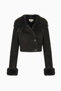 Flat-lay dark cropped shearling jacket with fur collar and button closure