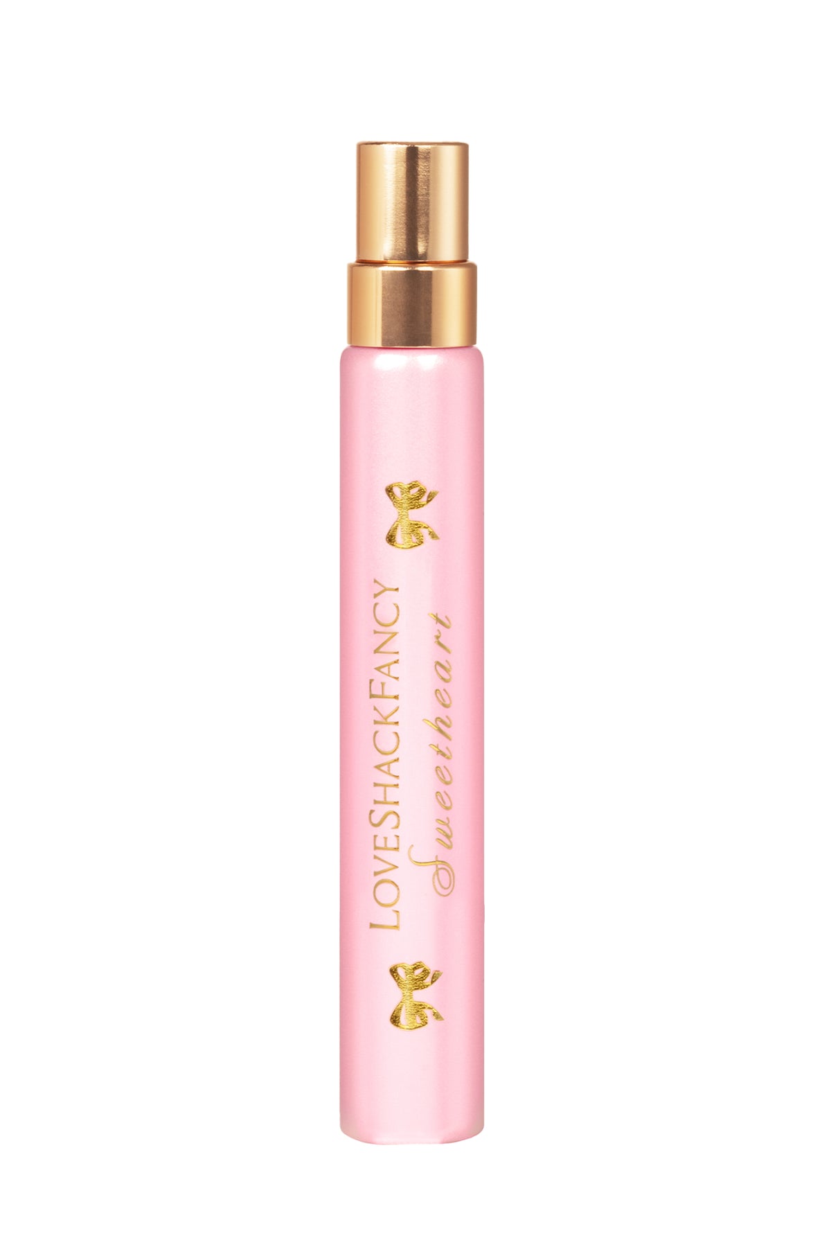Sweetheart Eau de Parfum travel spray bottle, pink with gold cap and ribbon accents