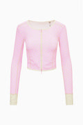 Pink patterned cropped active jacket with full front zipper and long sleeves