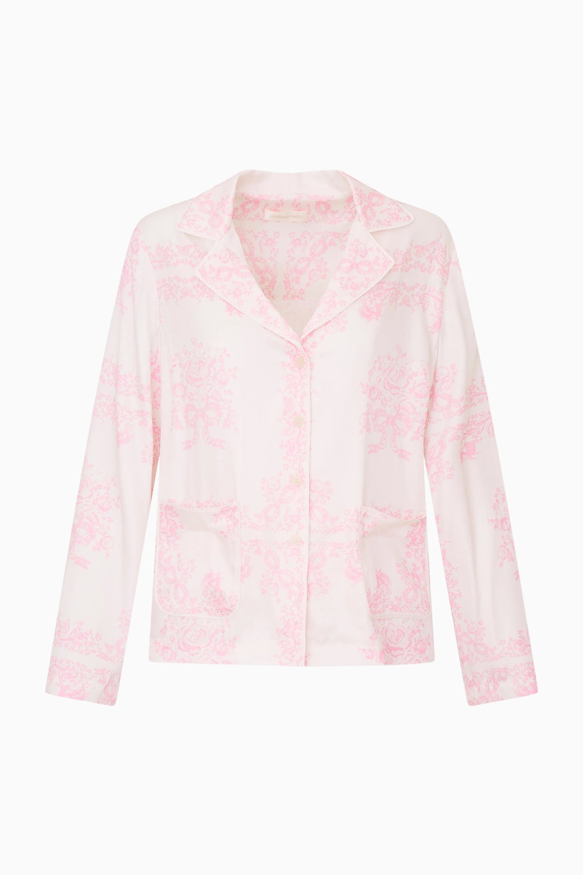 Ivory long-sleeve button-front shirt with pink bandana toile print and pointed collar