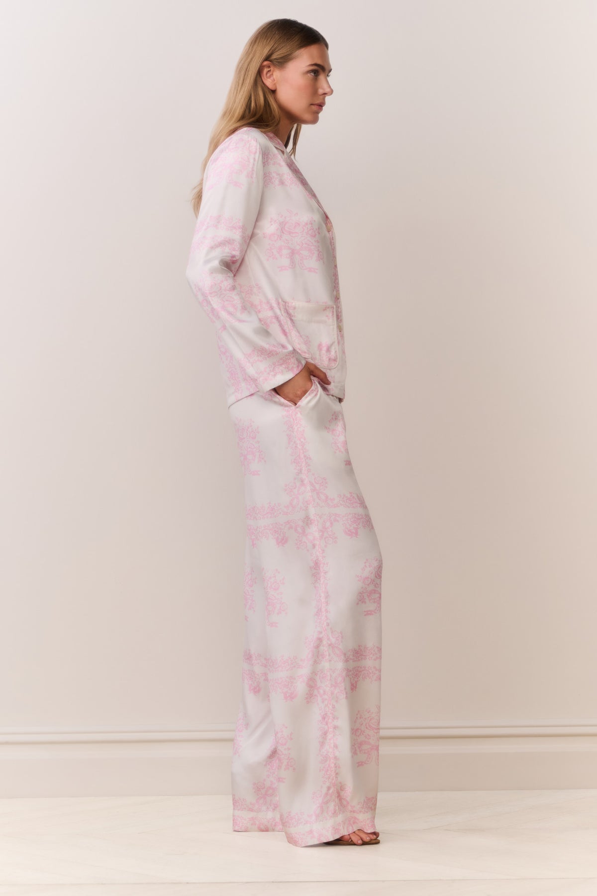 Pink-and-ivory bandana toile print shirt, long sleeves, button front, side view