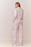 Ivory wide-leg pants with pink toile bandana print, back view