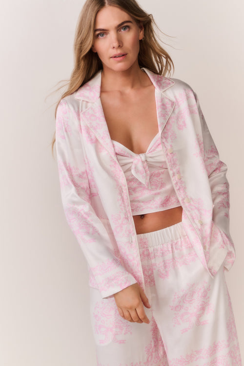 Ivory long-sleeve shirt with pink bandana toile print, deep V neckline front