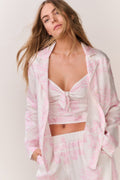 Ivory long-sleeve button-front shirt with pink bandana toile print, open collar view
