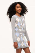 Tween argyle cardigan with button front, ribbed cuffs, gray knit and light diamond pattern