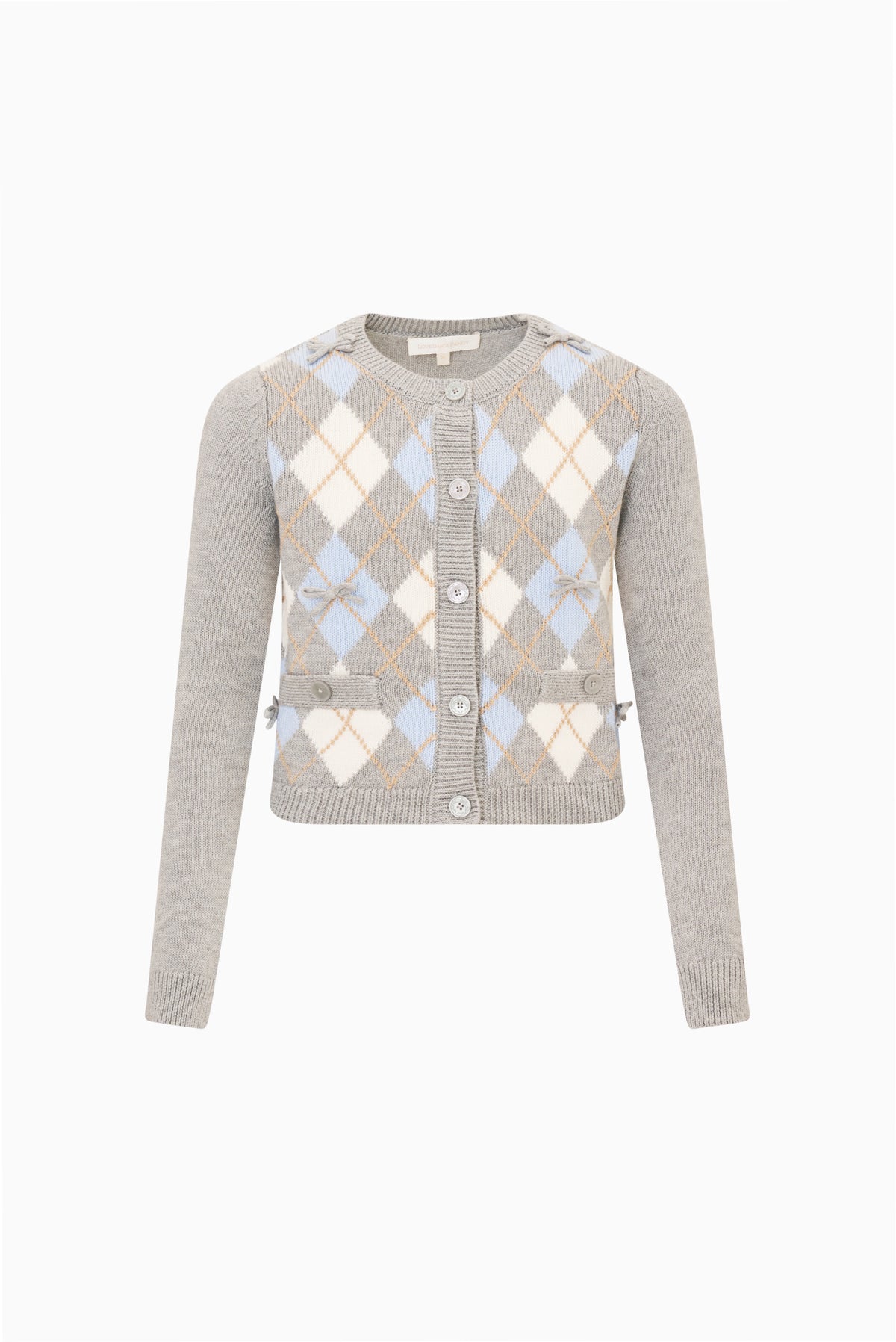 Tween argyle cardigan, crew neck, button placket and patch pockets, gray with light diamonds