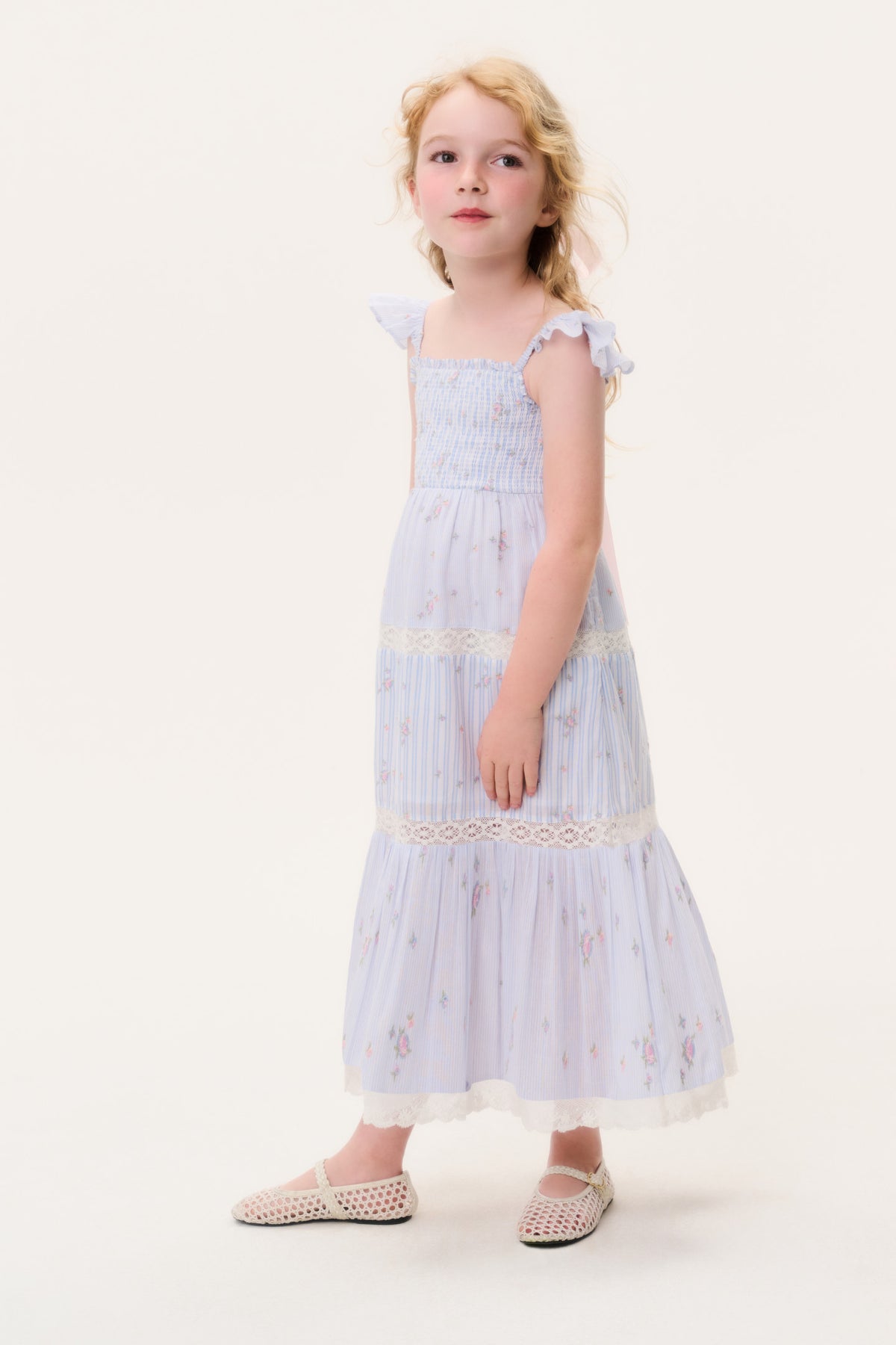 Girls’ light blue tiered stripe floral dress with smocked bodice and lace trim