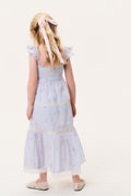 Girls’ light blue tiered stripe floral dress, back view with flutter sleeves