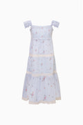 Girls’ light blue tiered floral stripe dress with puff sleeves and lace trim