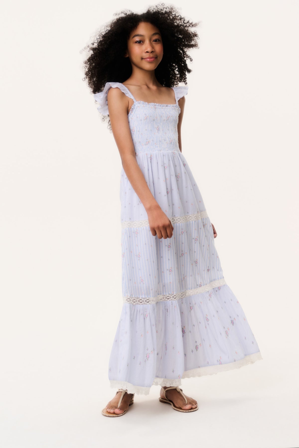 Sky mist striped floral tiered dress, square neck and cap sleeves, side view