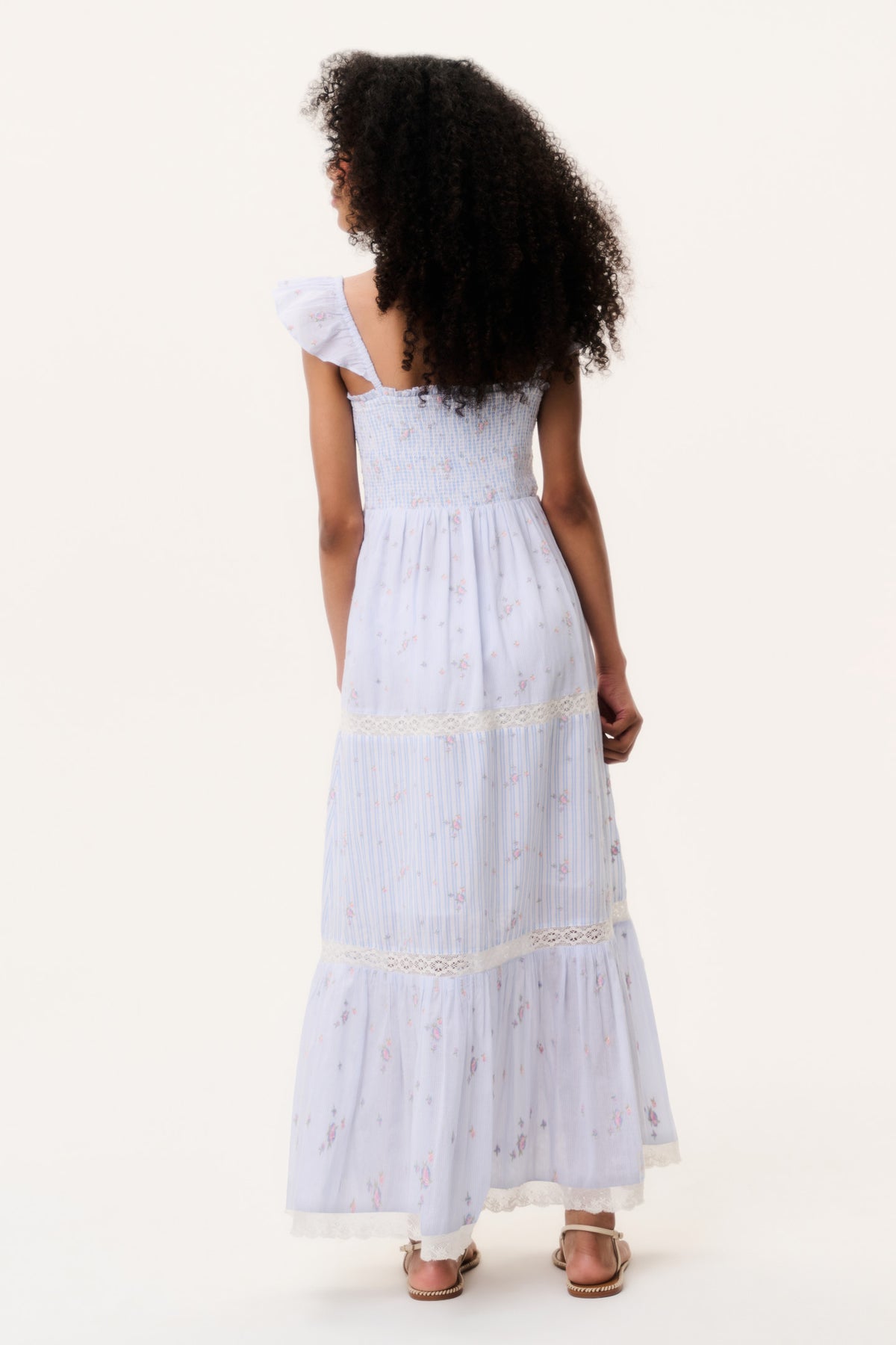 Sky mist striped floral tiered dress with square back and cap sleeves