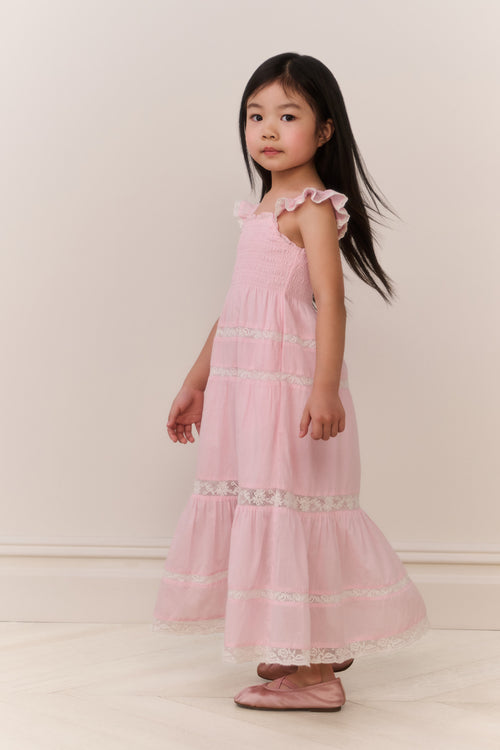Girls' pink cotton maxi dress with flutter straps and tiered lace-trim ruffles