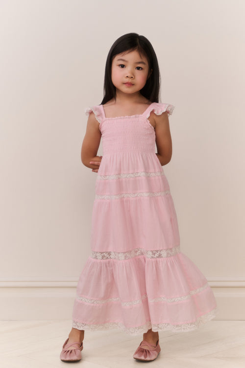 Girls' pink cotton maxi dress with layered ruffle skirt and scalloped lace trim