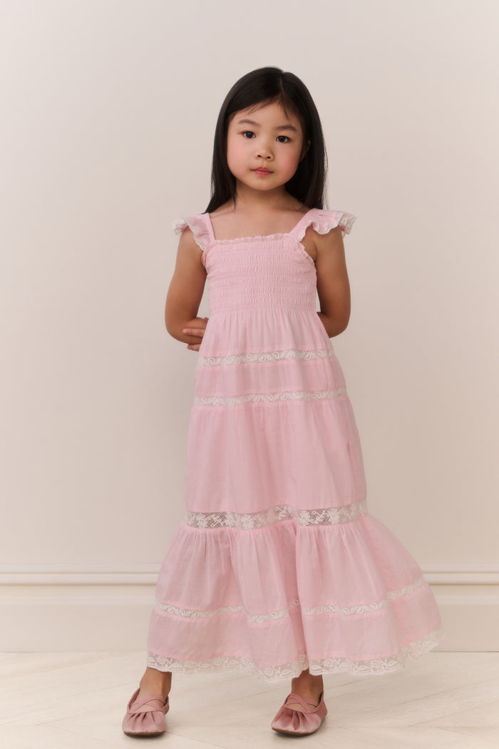 Girls' pink cotton maxi dress with layered ruffle skirt and scalloped lace trim