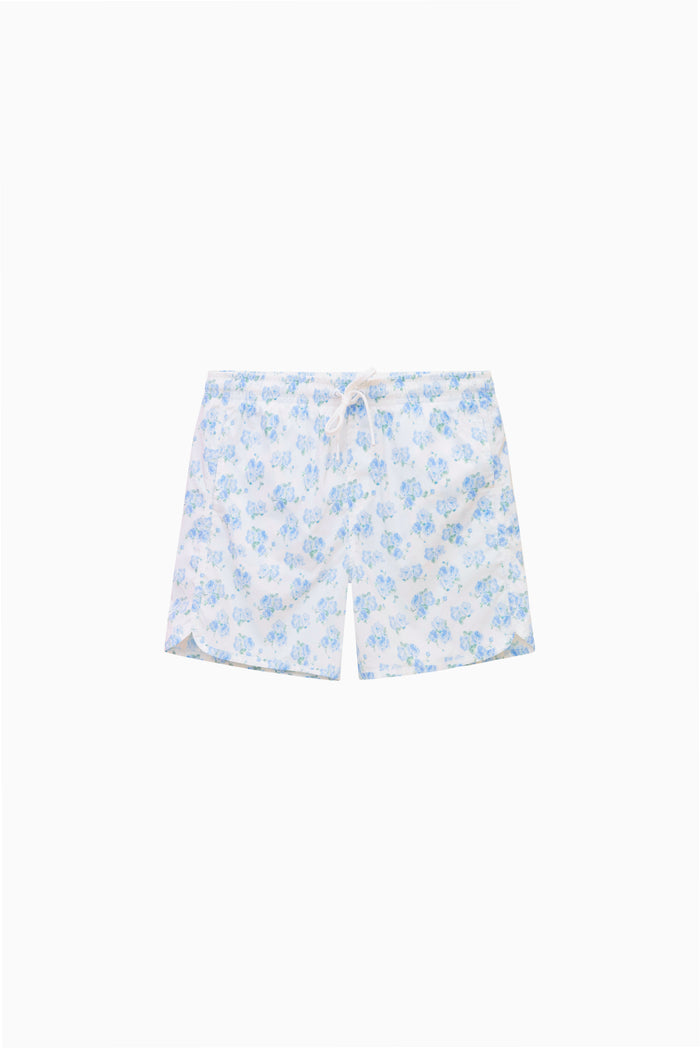 Boys light blue patterned swim shorts with drawstring waist