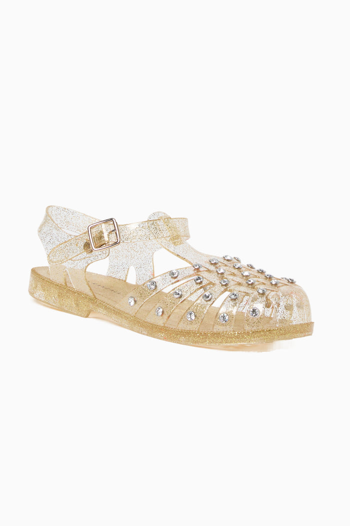 Champagne rhinestone jelly sandal with T-strap and buckle, textured glitter sole