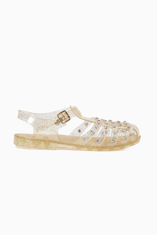 Champagne rhinestone jelly sandal with adjustable buckle ankle strap