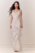 Floral print maxi dress with tiered ruffles and V neckline, spaghetti straps
