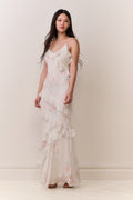 Floral print ruffle-tier maxi dress, front view, thin spaghetti straps