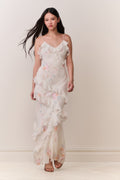 Floral print maxi dress with layered ruffles and spaghetti straps