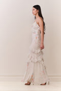Floral print ruffle-tier maxi dress, side view, spaghetti straps