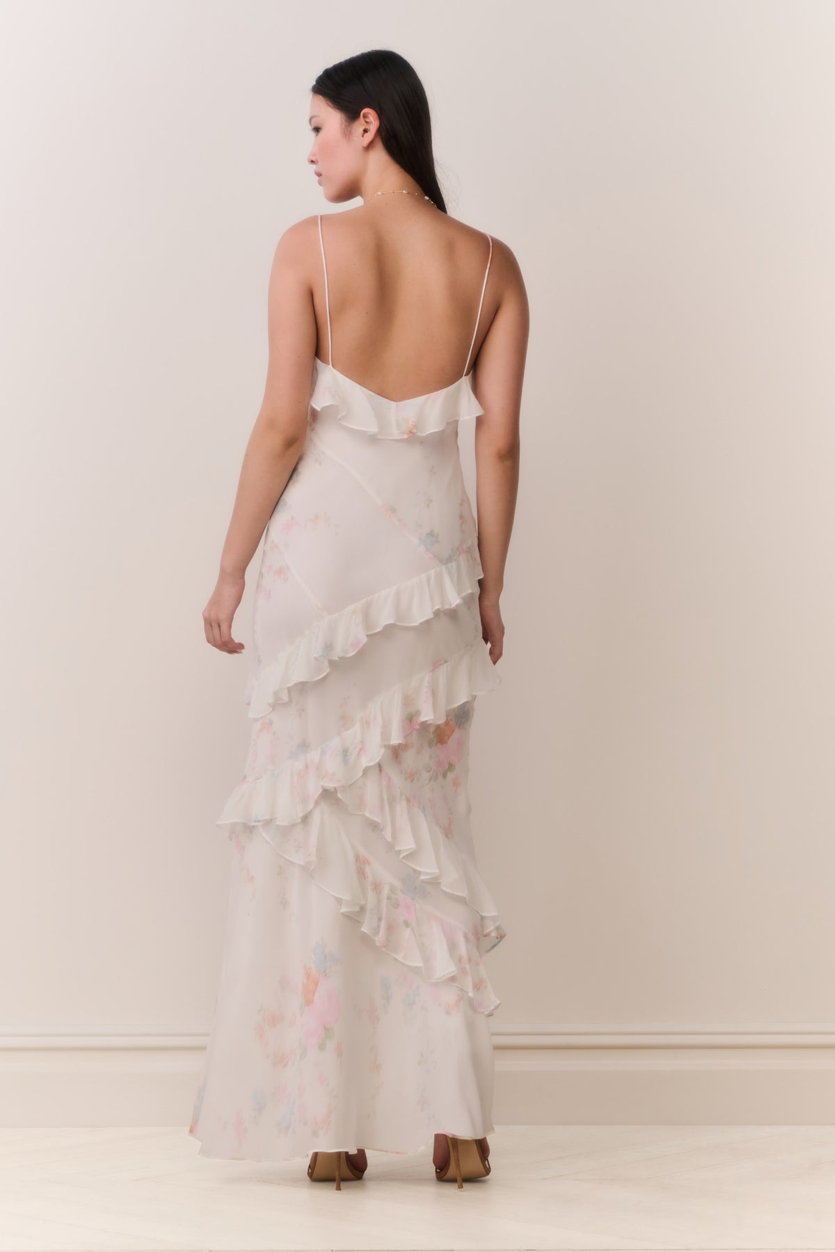 Floral print maxi dress, open-back with ruffled tiers and thin straps