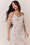 Floral print ruffle-front maxi dress on model, spaghetti straps