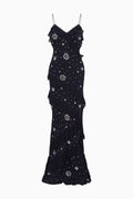 Black maxi dress flat lay with spaghetti straps and star crystal pattern; tiered skirt.