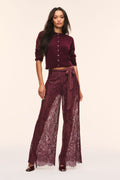 Faded merlot lace wide-leg pants with tie waist and scalloped lace edging at hem.