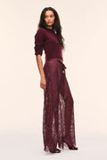 Faded merlot sheer lace pants with tie-front waist and wide flared legs.
