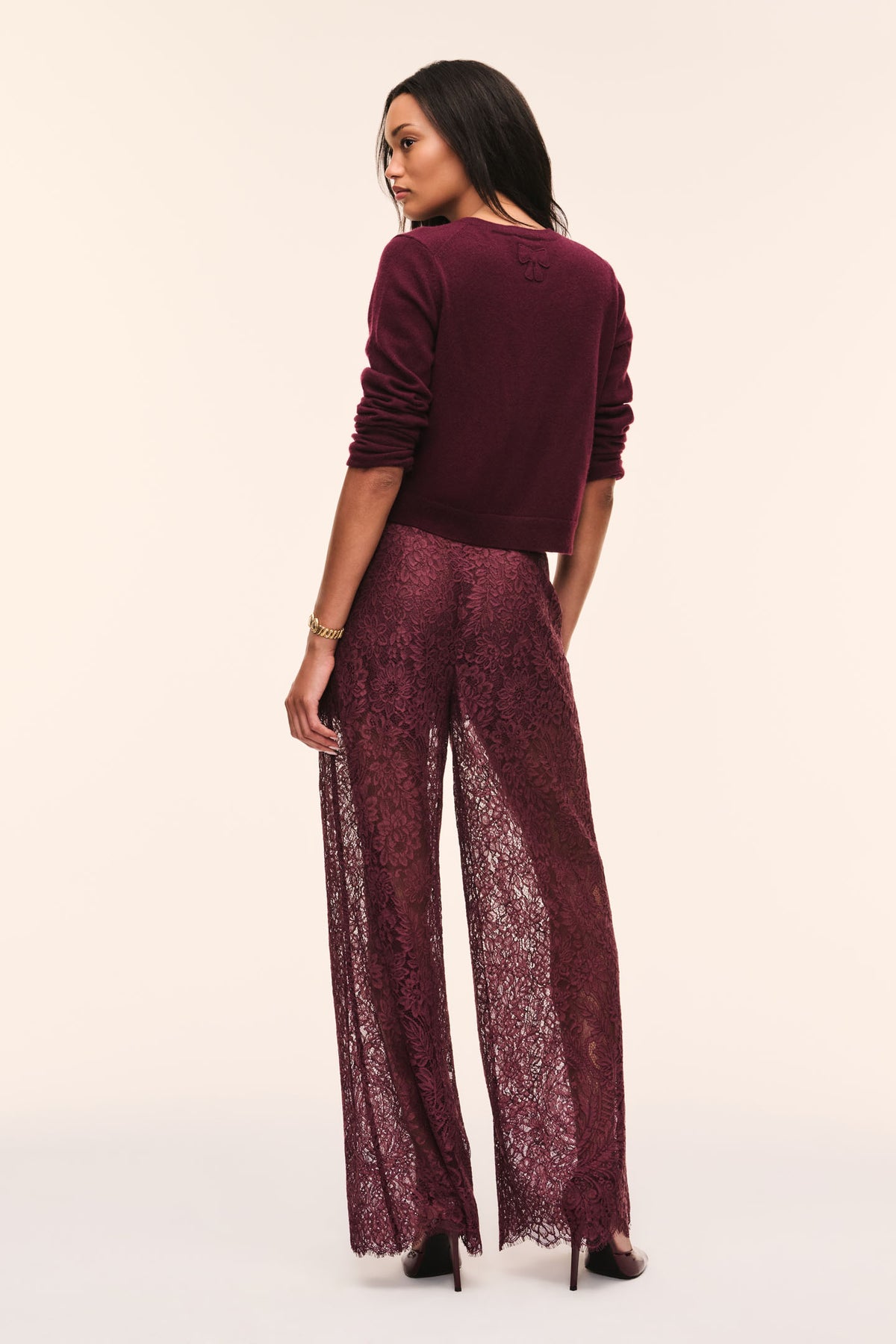 Faded merlot sheer lace wide-leg pants with back view and tied waist detail.