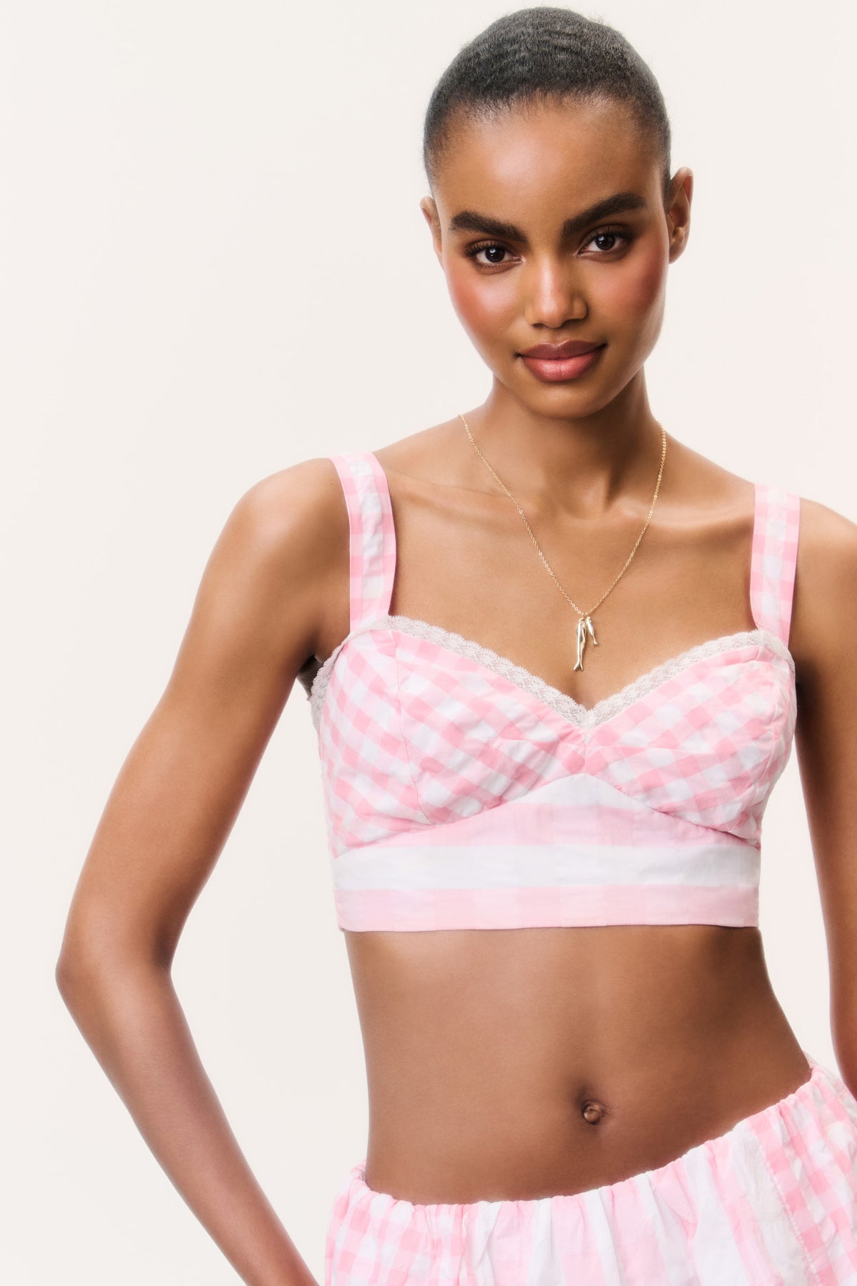 Pink gingham seersucker bralette top with thin straps and wide underband