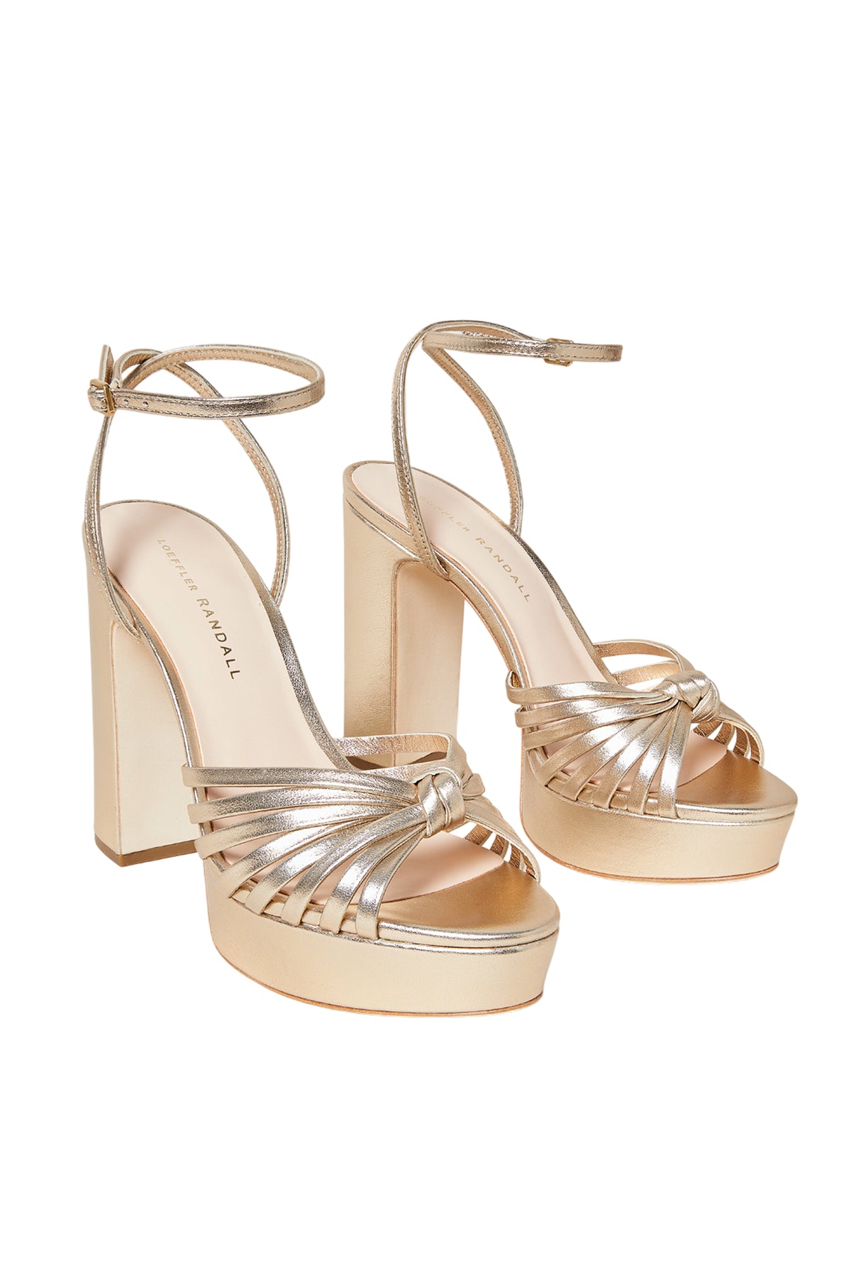 Pair of champagne platform sandals with braided straps, open toe, block heel