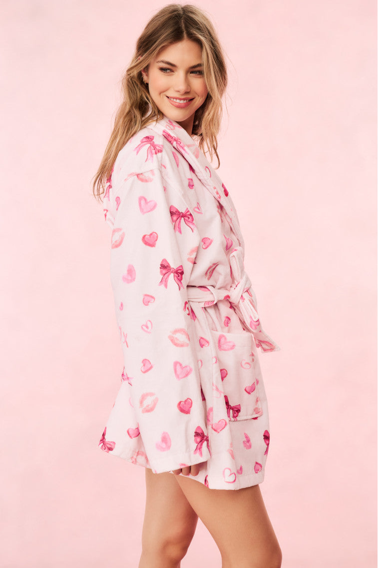 Light pink cotton bath robe with heart print, belted waist, long loose sleeves