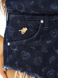 Dark navy denim micro shorts with small gold-tone button and allover laser print